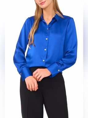 Halogen Petite Charmeuse Button-Up Shirt Opulent Blue SP NWOT